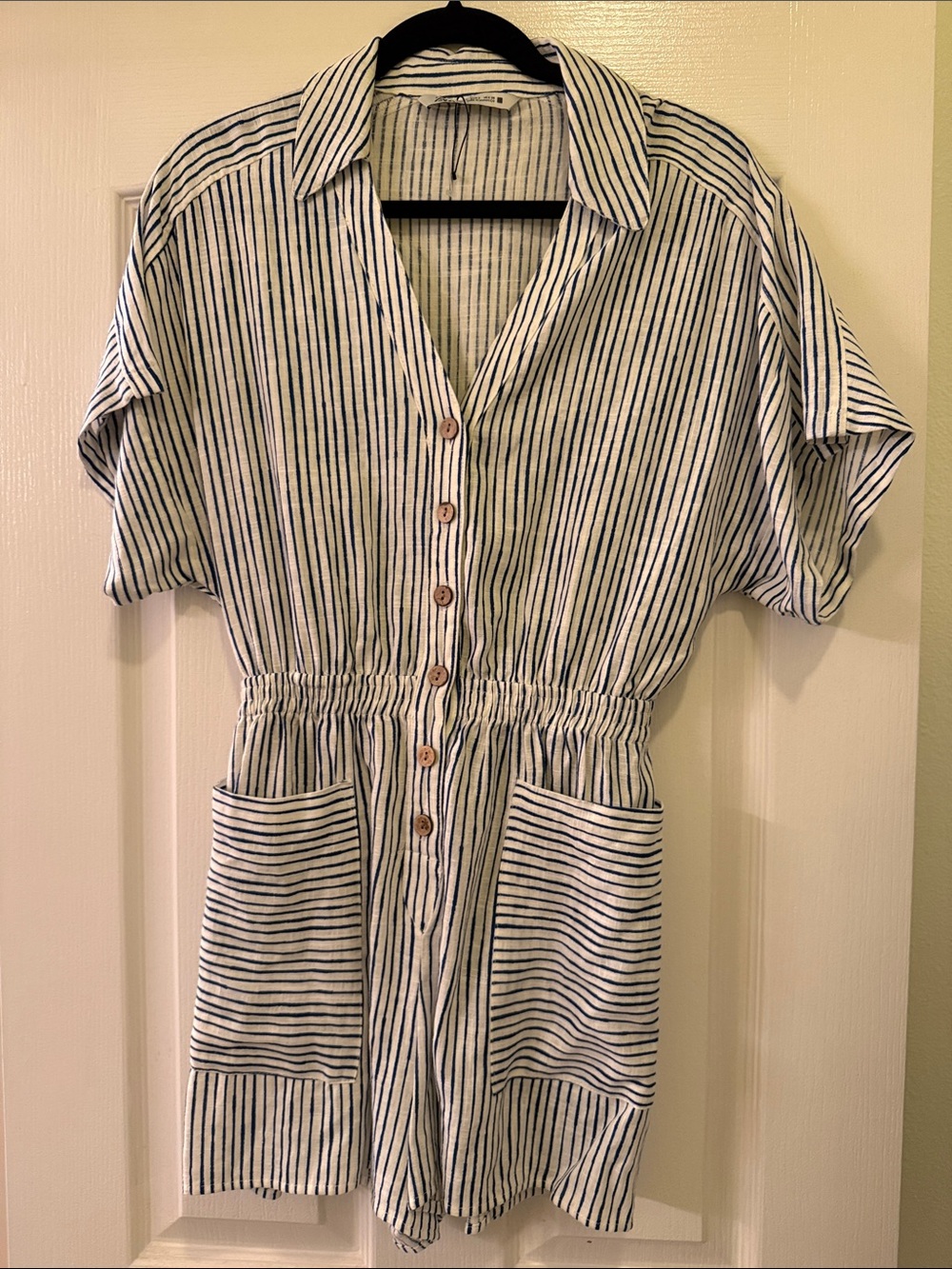New Zara White and Blue Striped Short-Sleeve Button Romper